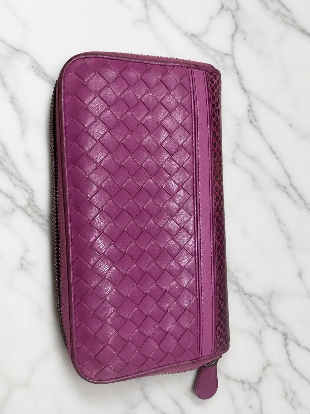 Hard to find Woven Leather Zip Wallet in Deep Plum with snake skin accent